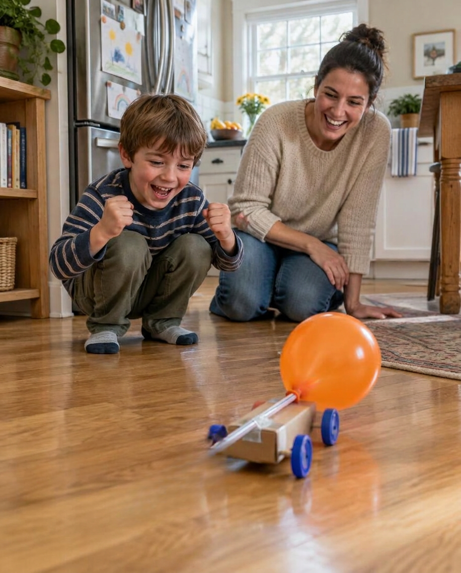 Mãe e filho vibrando com carrinho movido ao ar do balão andando pelo chão da cozinha
