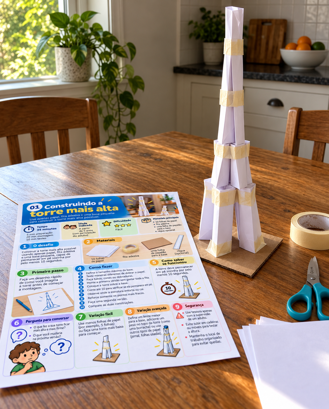 Mesa de madeira com a ficha do desafio Construindo a torre mais alta impressa, uma torre de papel montada ao lado, rolo de fita, tesoura e folhas em branco