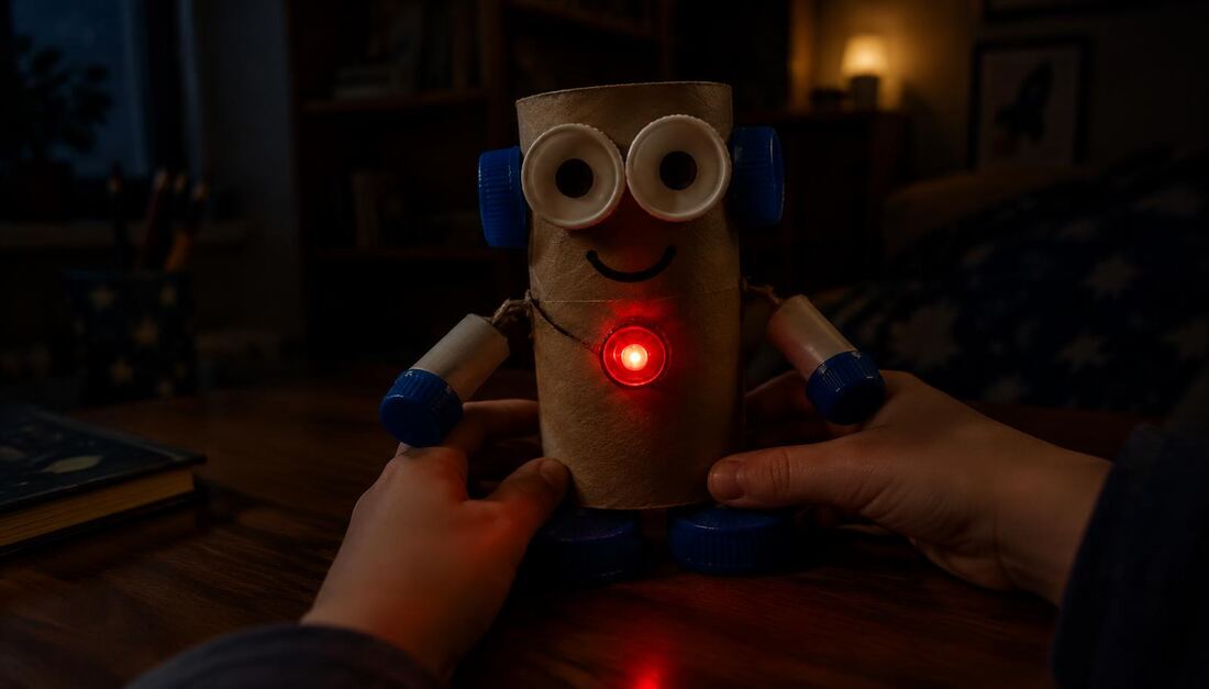 Mãos de criança segurando mascote de sucata com LED vermelho aceso