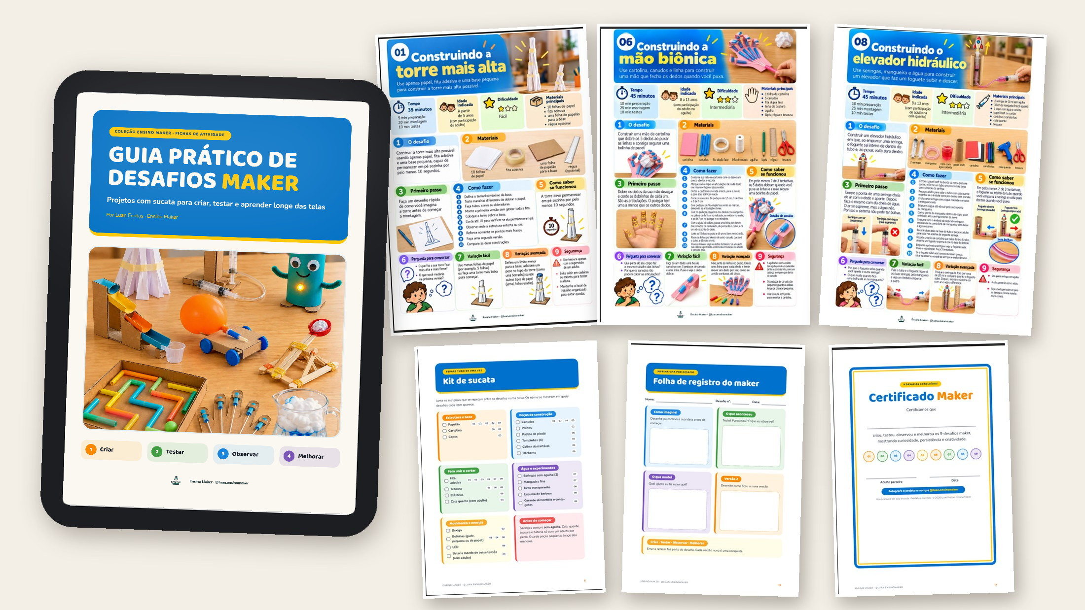 Guia Prático de Desafios Maker no tablet com fichas, kit de sucata, folha de registro e certificado
